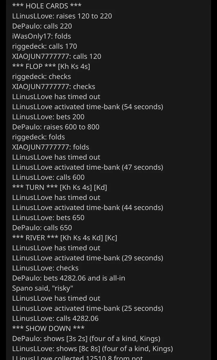 【EV扑克】公共牌发出四张K,他用8-high跟注河牌全压,竟然成功抓鸡!