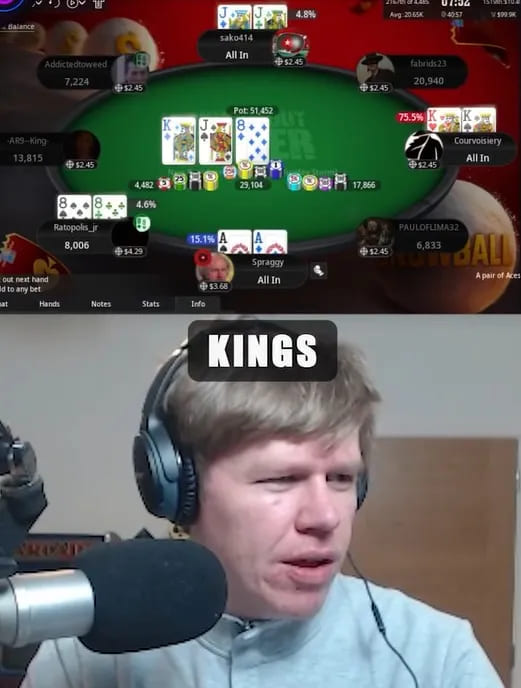 【EV扑克】280万分之一的概率！小哥在8人桌碰到四家同时击中暗三条！