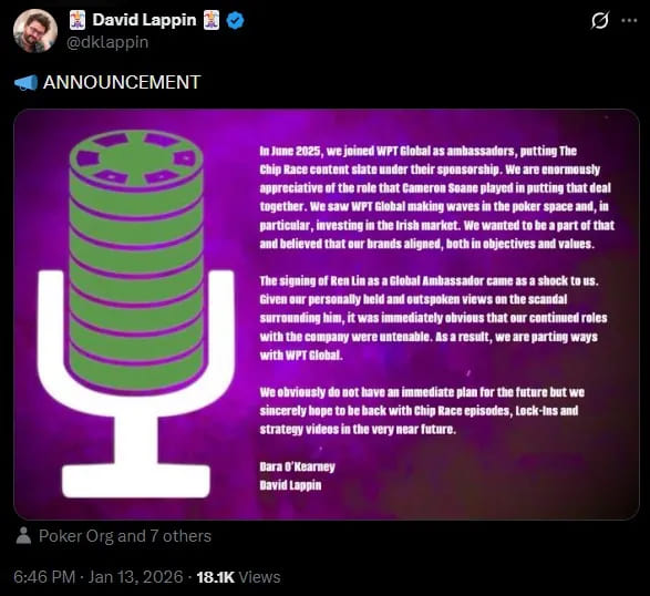 【EV扑克】Tony Lin WPT代言争议延烧！两位职业牌手宣布退出WPT Global